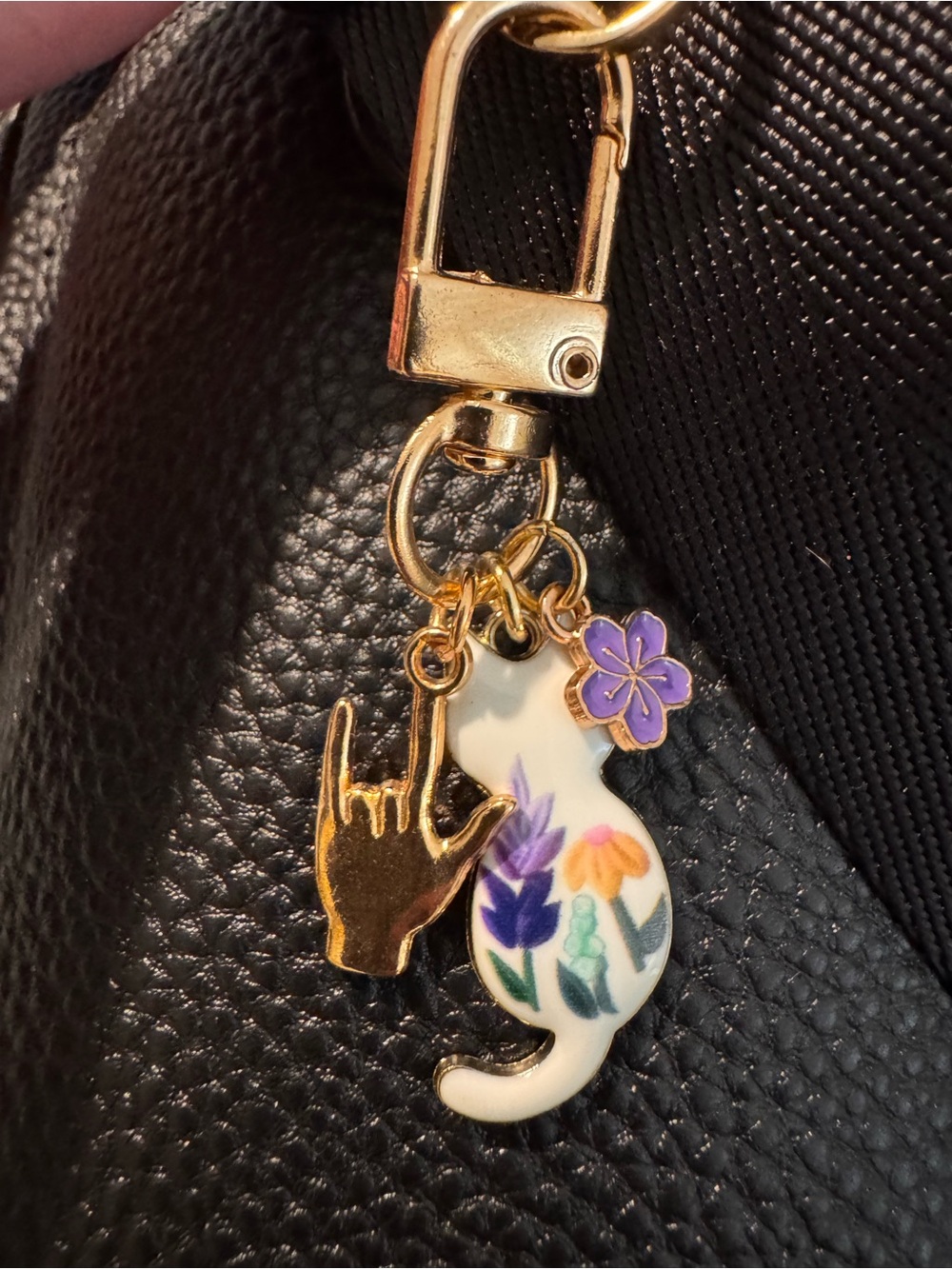 Floral Cat with American Sign Language 🤟🏻 Gold Charm
